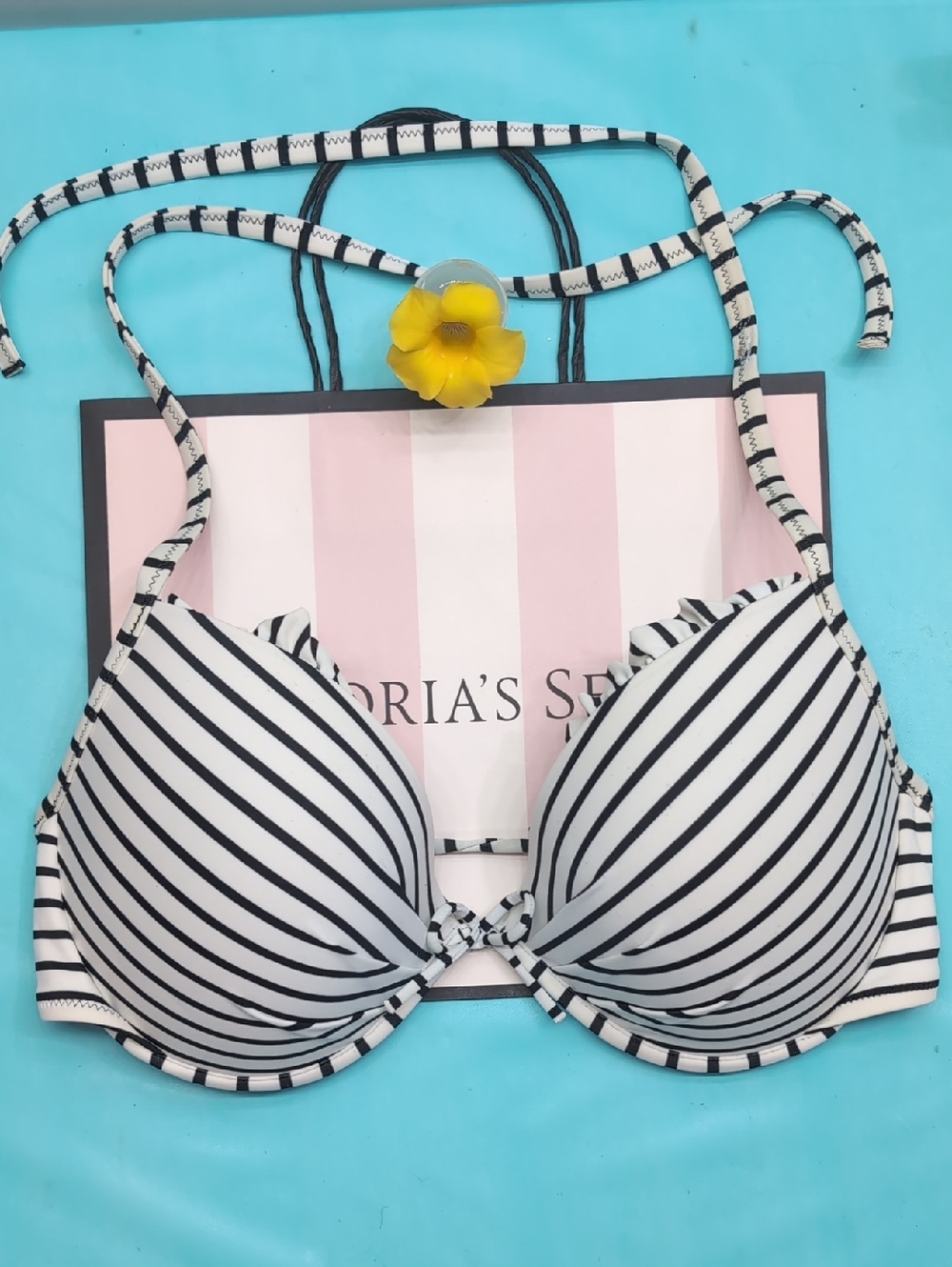 Victoria's Secret Black & White Striped Push-Up Bra with Front Tie Size 36D